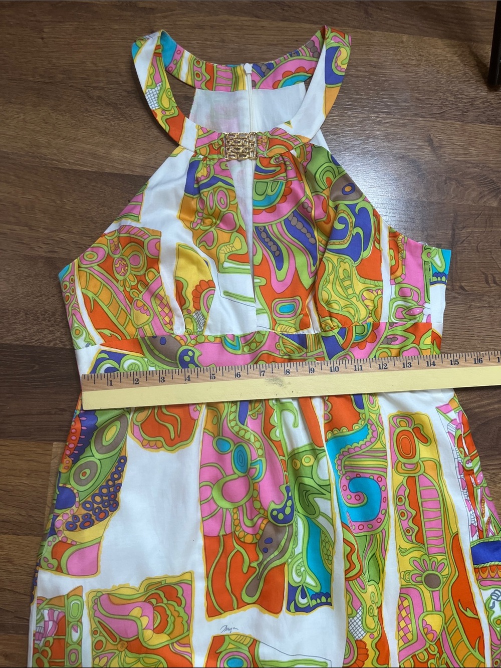 Trina Turk Silk Dress Halter Neck Psychedelic Mod Floral Size 8 - Picture 9 of 11